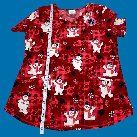 Frosty The Snowman Womens Scrub Top S Red Christmas Pediatrics Nurse Uniform NEW - Picture 4 of 9